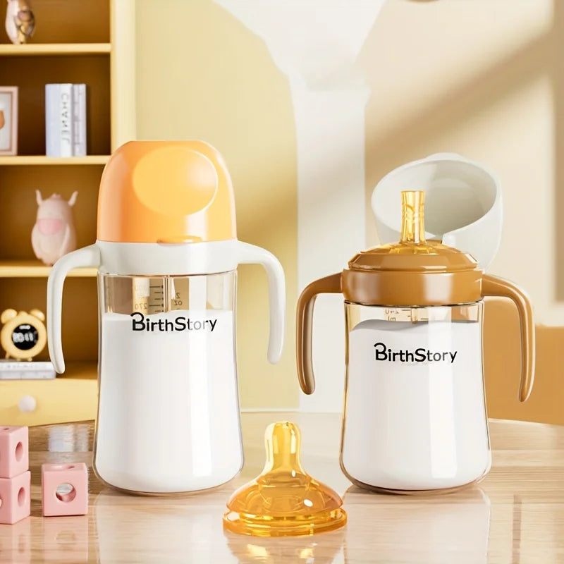 baby bottle, made of food grade PP material, safe and durable for newborns, with anti slip cartoon handle and large mouth