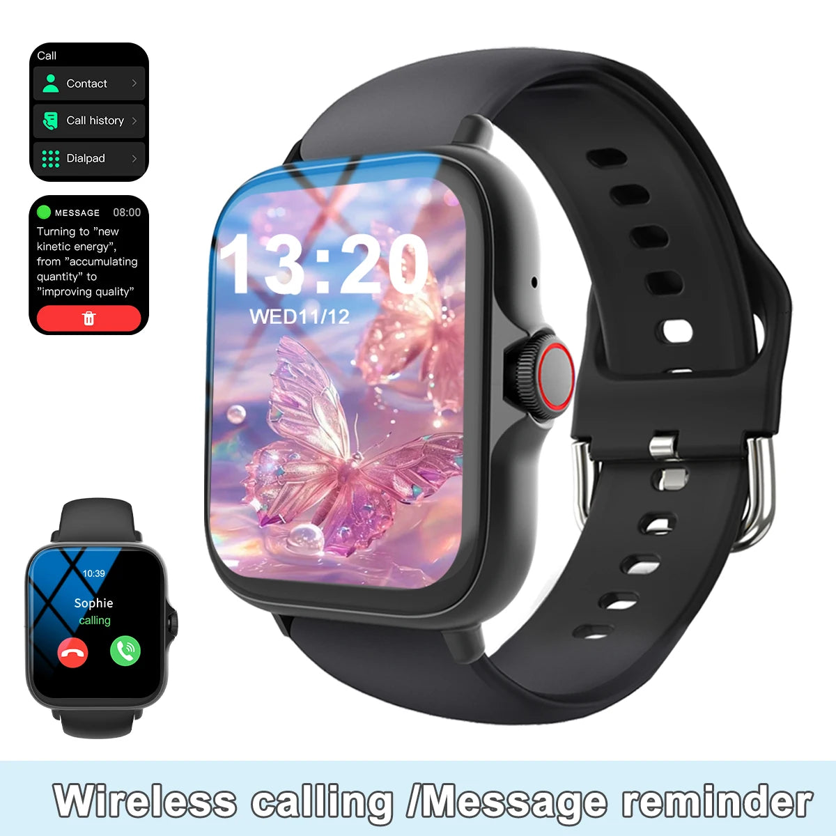 Smart watch with full touch screen, call, message reminder, music control and other functions, compatible with iPhone/android mo black