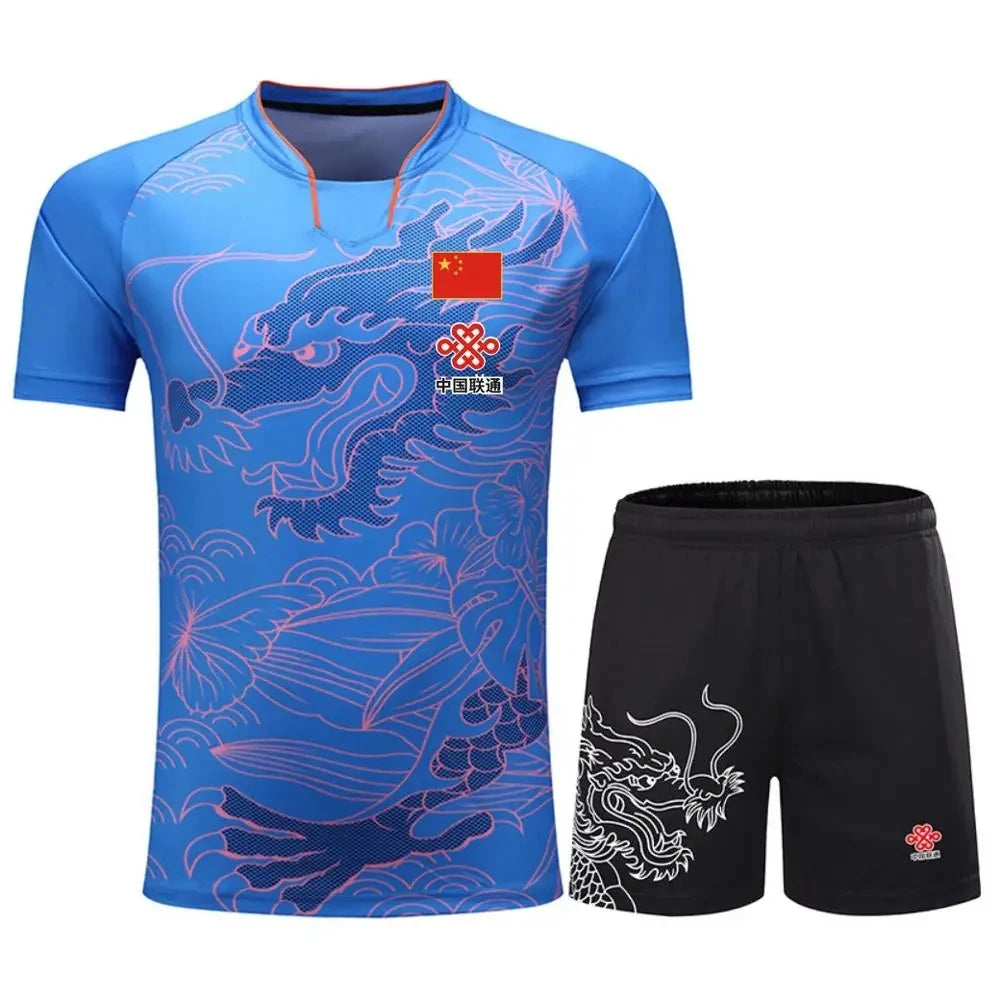 NEW Sports CHINA Dragon Table Tennis Jerseys Shorts Men Women Child Kids Ping Pong Jersey Table Tennis Shirt Sets Sport Shirts Flag Blue 1 SET