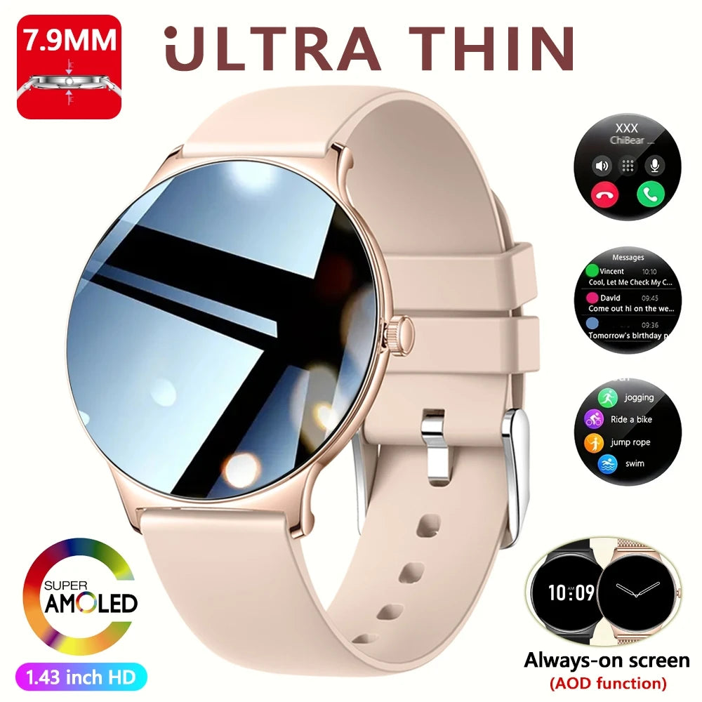 For Huawei New Ultra Slim AMOLED Smart Watch Women Screen Always Display Time Heart Rate BT Calling High-end Fashion Smartwatch Gold