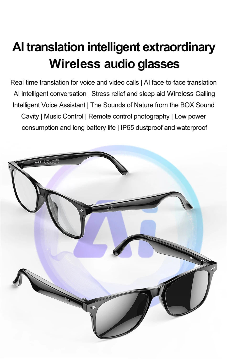 high-tech AI smart glasses can be equipped with various lenses such as sunglasses, blue light, myopia, Men women smart glasses