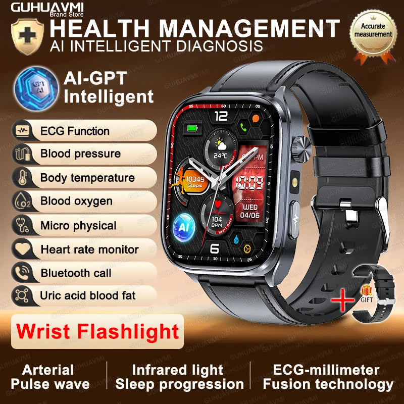 New Accurate Blood Pressure Smart Watch Uric Acid ECG+PPG Blood Oxygen Body Analysis Body Fat LED Flashlight smart watches 2025 Black Leather Heart Health Watch CHINA