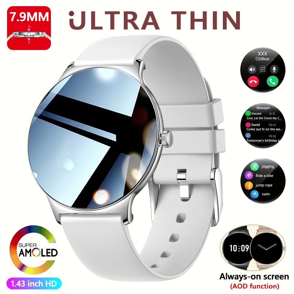 For Huawei New Ultra Slim AMOLED Smart Watch Women Screen Always Display Time Heart Rate BT Calling High-end Fashion Smartwatch Silver