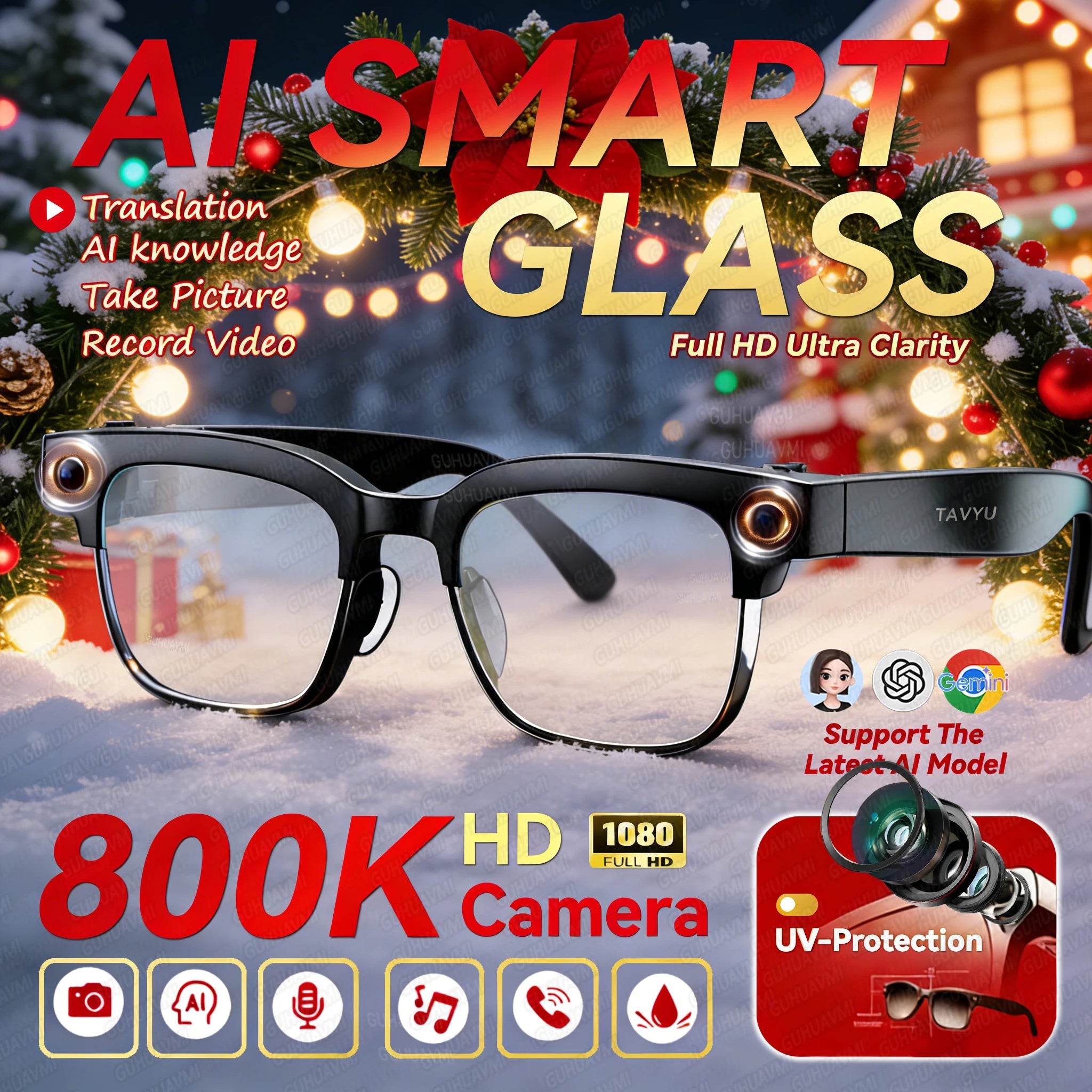 AI Smart Glasses with 800W Pixel Camera Photo Video Recording 120+Language Translation Sunglasses Men Women 2026 New Year's Gift