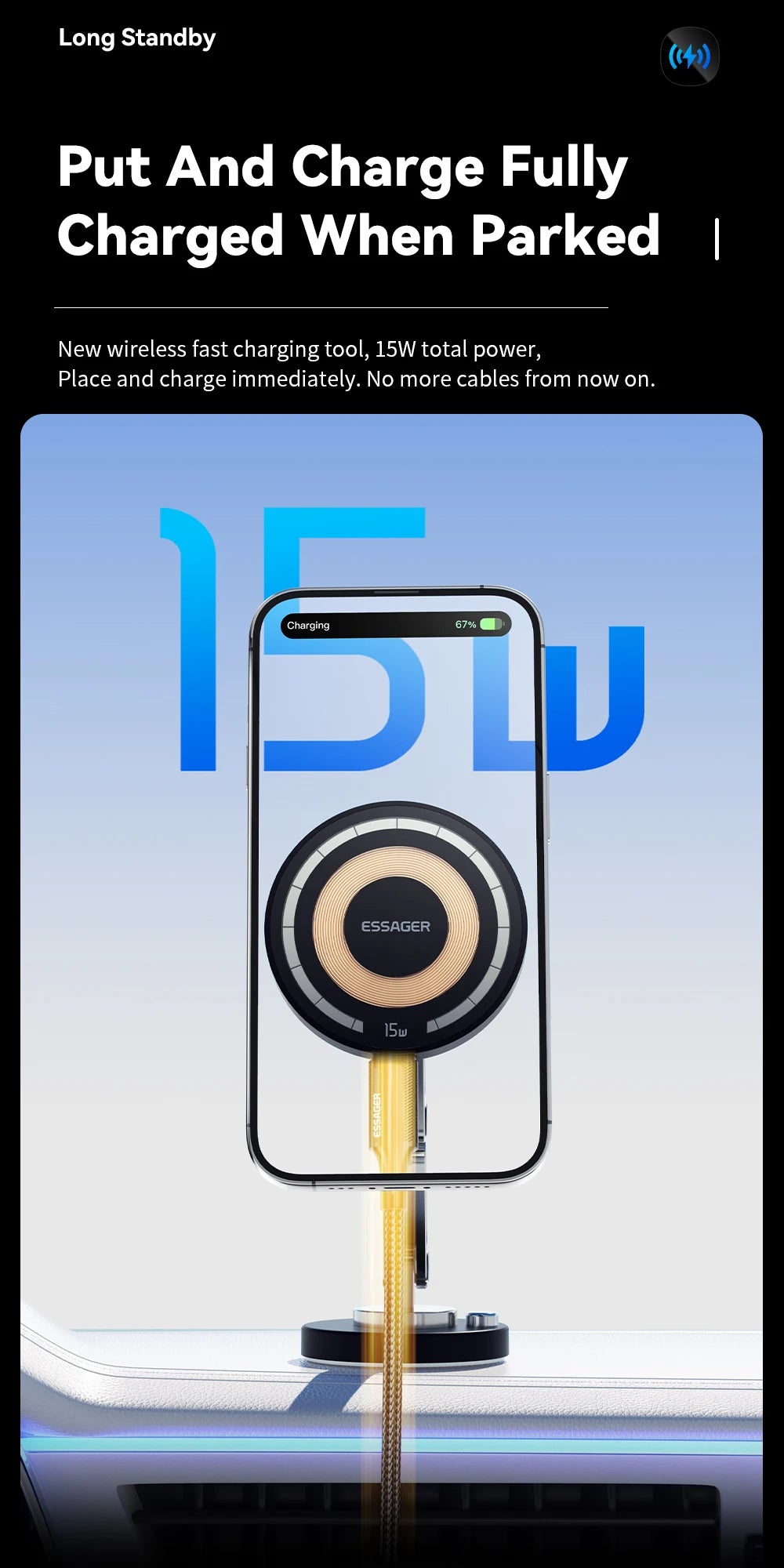 Essager Magnetic Wireless Charger Car Phone Holder 15W Fast Charging Easy Paste Mount Stand For Magsafe iPhone 15 14 13 Pro Max