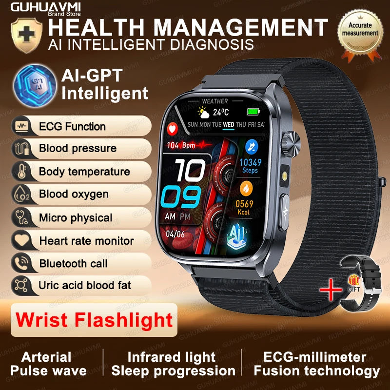 New Accurate Blood Pressure Smart Watch Uric Acid ECG+PPG Blood Oxygen Body Analysis Body Fat LED Flashlight smart watches 2025 Black Nylon Heart Health Watch CHINA
