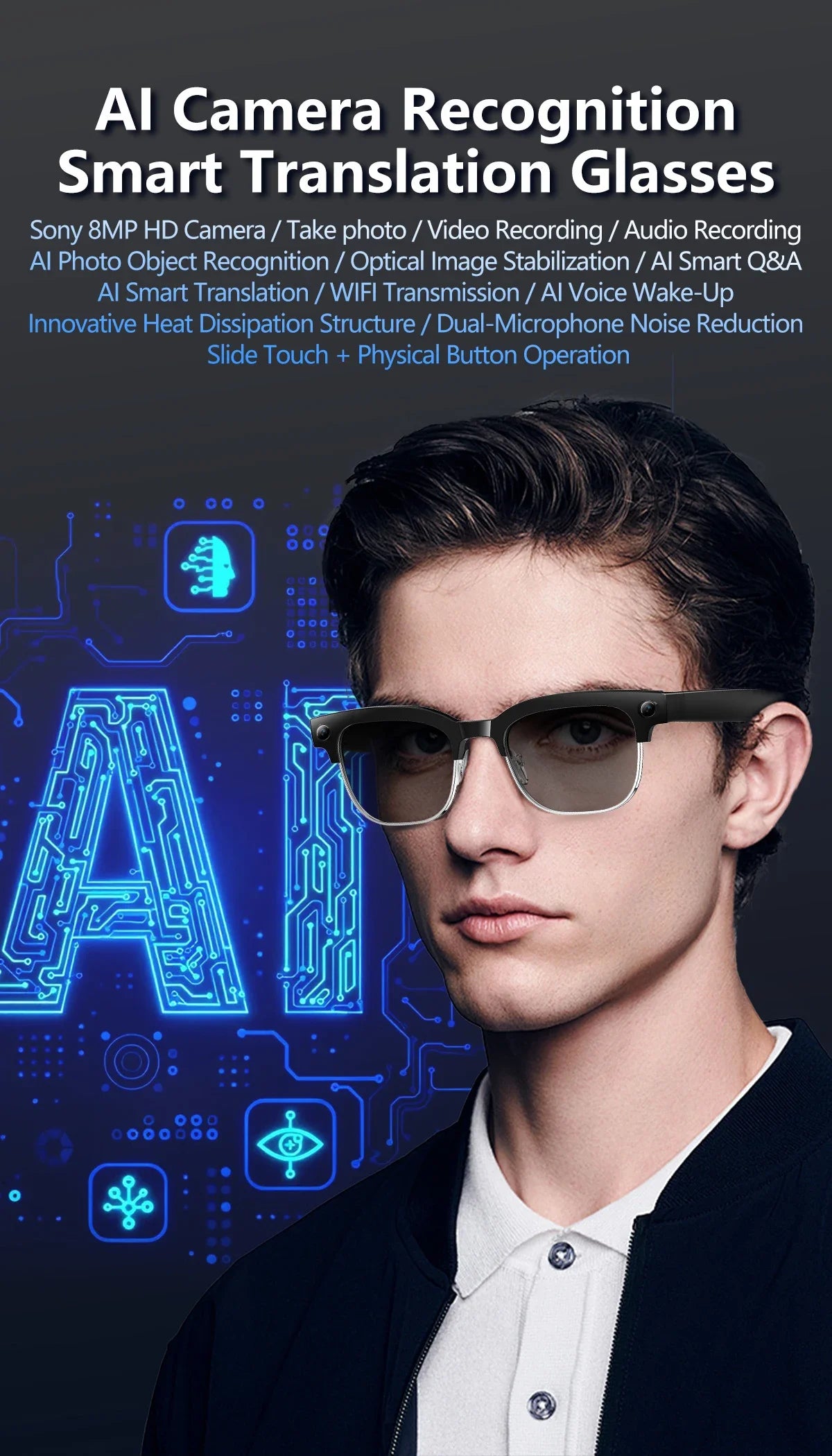 AI Smart Glasses with 800W Pixel Camera Photo Video Recording 120+Language Translation Sunglasses Men Women 2026 New Year's Gift