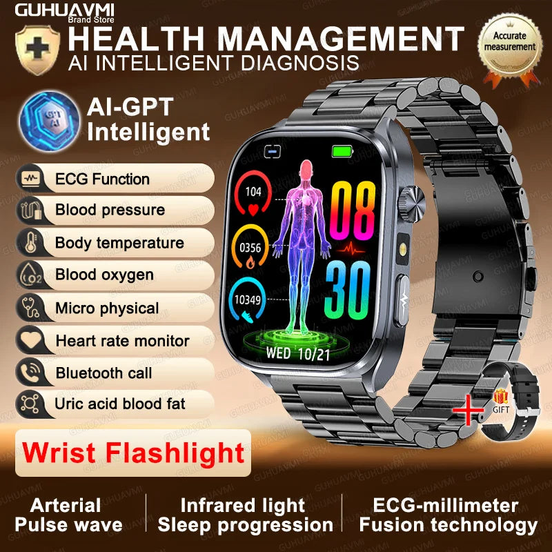 New Accurate Blood Pressure Smart Watch Uric Acid ECG+PPG Blood Oxygen Body Analysis Body Fat LED Flashlight smart watches 2025 Black Steel Heart Health Watch CHINA