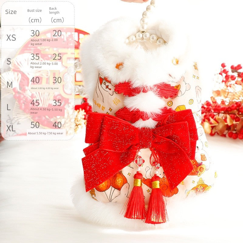 Spring Pet Small Skirt Clothes Princess Tassel Lace Tang Suit Group Pet Clothes New Year Festive Gift Box Red