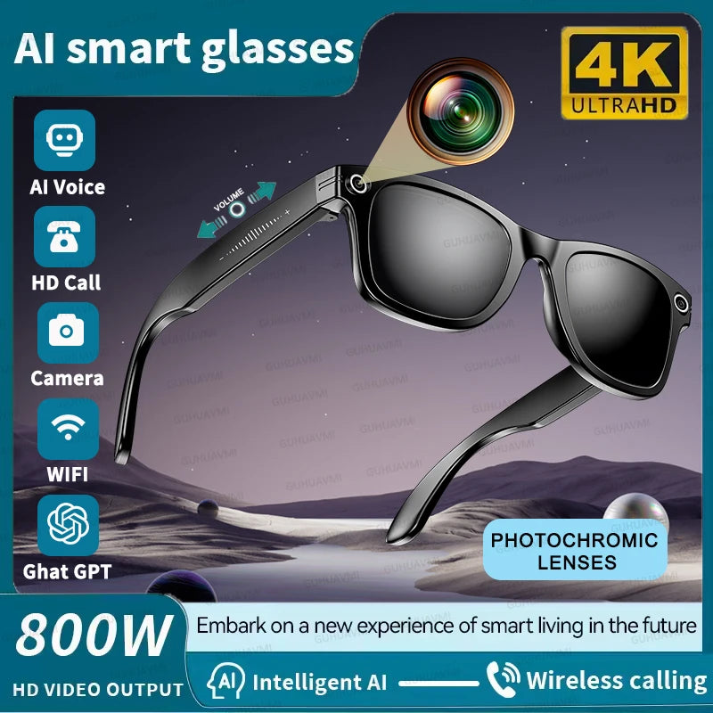 New Smart Glasses 8MP HD Camera AI Glasses Camera Photo Video Recording Translation Waterproof Anti-blue Camera Glasses Man Wome Black sunglasses