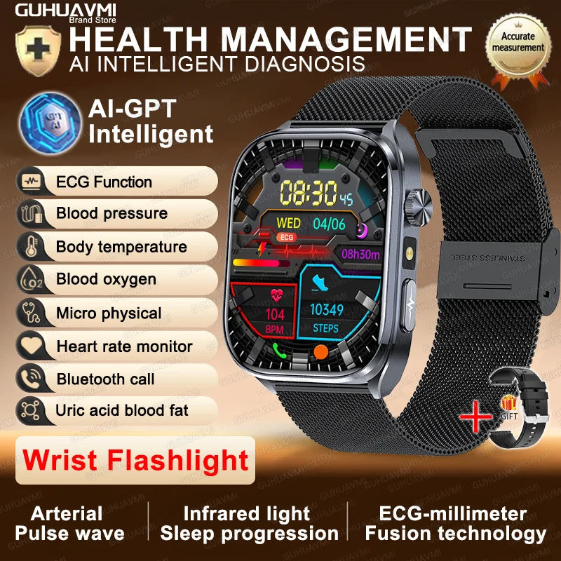 New Accurate Blood Pressure Smart Watch Uric Acid ECG+PPG Blood Oxygen Body Analysis Body Fat LED Flashlight smart watches 2025 Black Mesh Belt Heart Health Watch CHINA