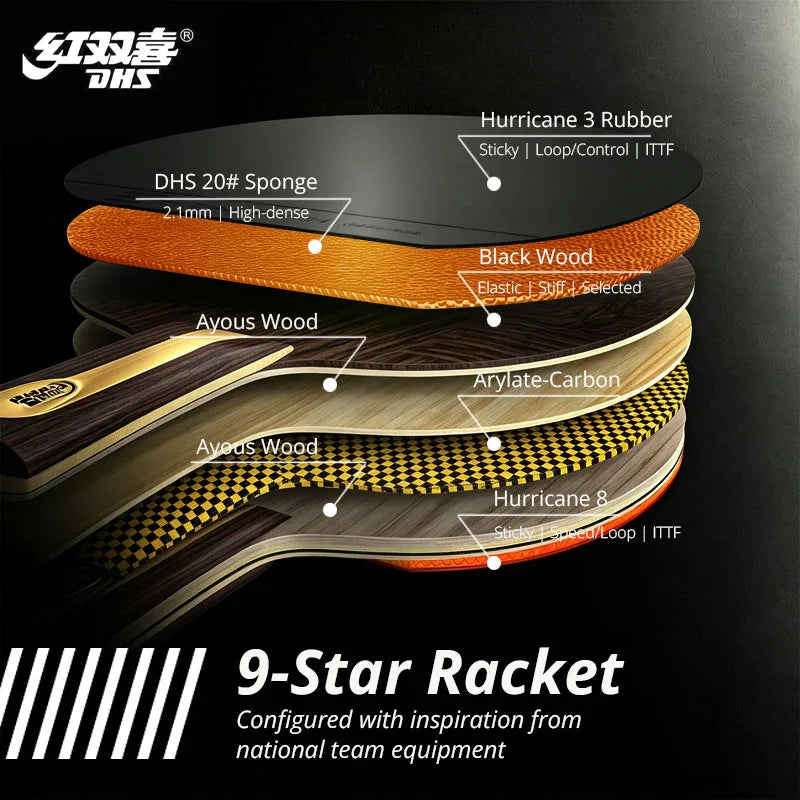 DHS 9002 Table Tennis Racket Professional Ping Pong Racket Paddle Hurricane 3&8 Rubber 5+2 Inner KLC Blade - 9002 FL Grip