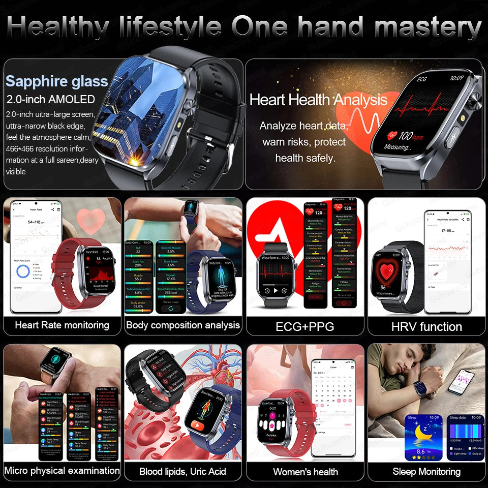 New Accurate Blood Pressure Smart Watch Uric Acid ECG+PPG Blood Oxygen Body Analysis Body Fat LED Flashlight smart watches 2025