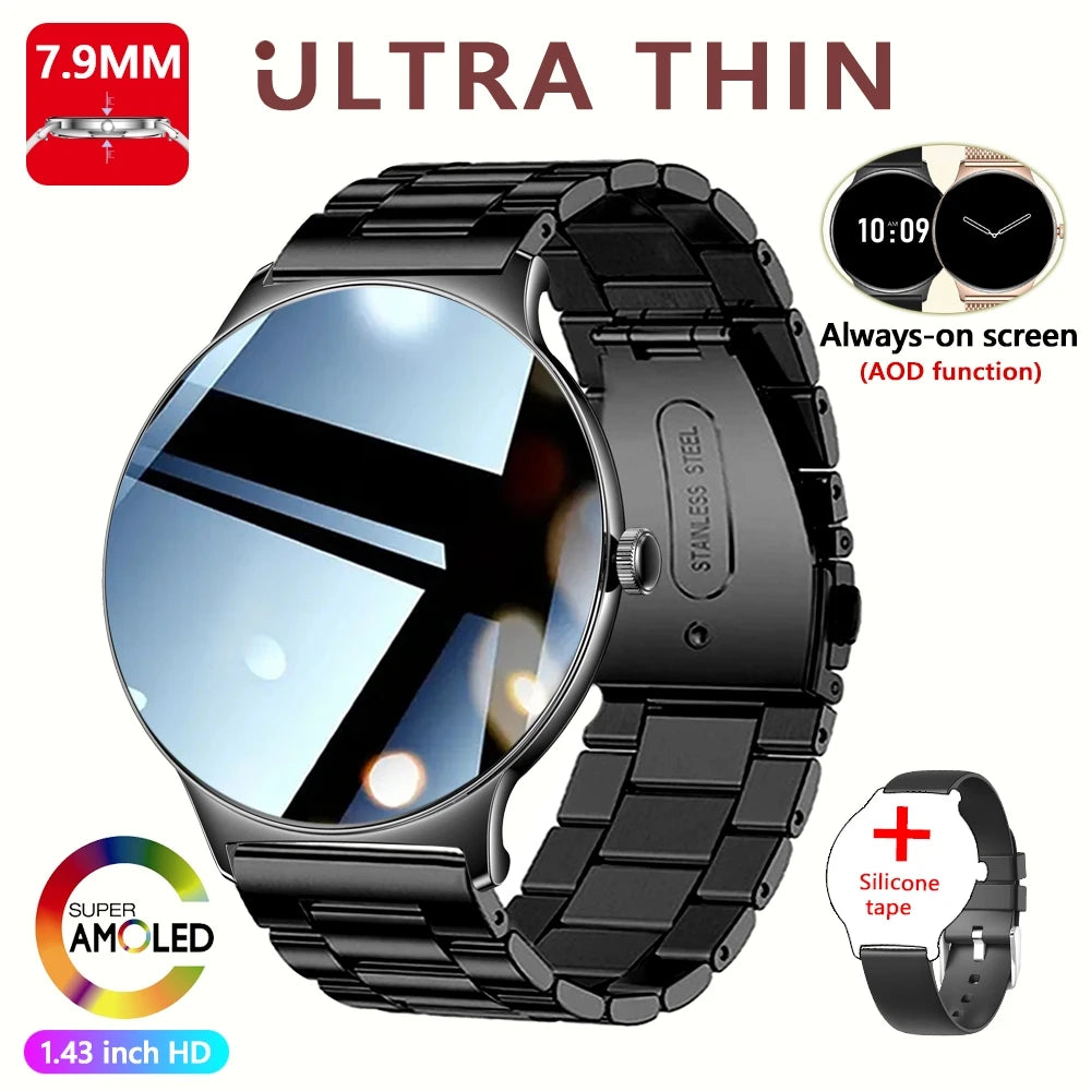 For Huawei New Ultra Slim AMOLED Smart Watch Women Screen Always Display Time Heart Rate BT Calling High-end Fashion Smartwatch Black steel