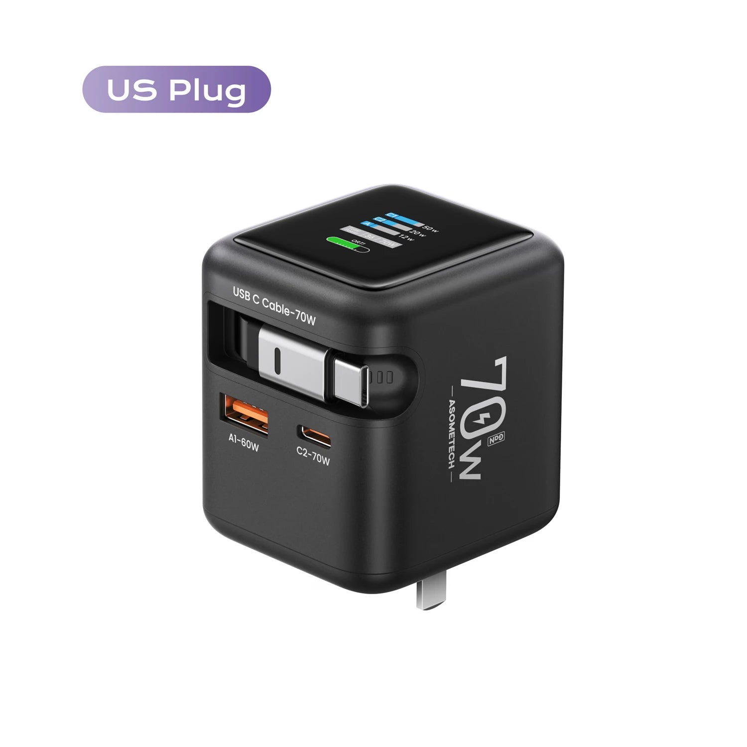 70W GaN Fast Charger with Type-C Retractable Cable 3 IN 1 PD3.0 QC4.0 PPS Fast Charging for IPhone 16 15 14 Xiaomi Tablet Laptop US Plug China Mainland