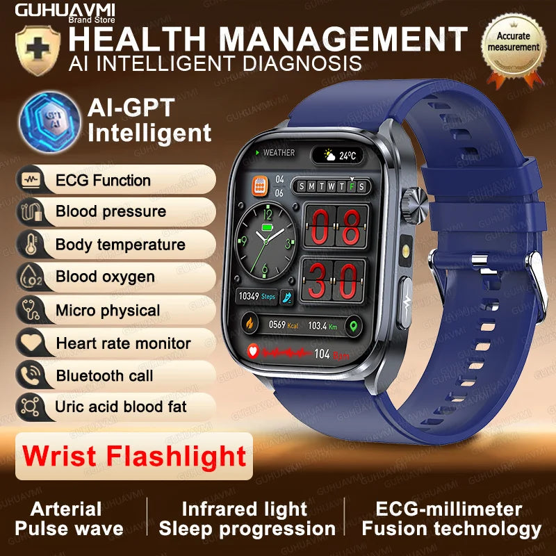 New Accurate Blood Pressure Smart Watch Uric Acid ECG+PPG Blood Oxygen Body Analysis Body Fat LED Flashlight smart watches 2025 Blue Heart Health Watch CHINA