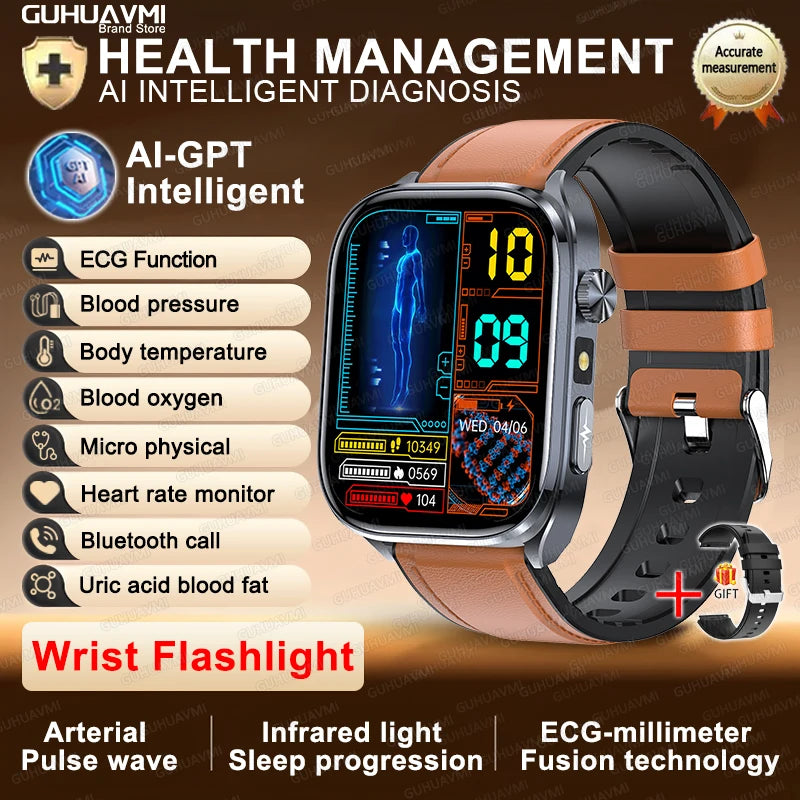New Accurate Blood Pressure Smart Watch Uric Acid ECG+PPG Blood Oxygen Body Analysis Body Fat LED Flashlight smart watches 2025 Brown Leather Heart Health Watch CHINA