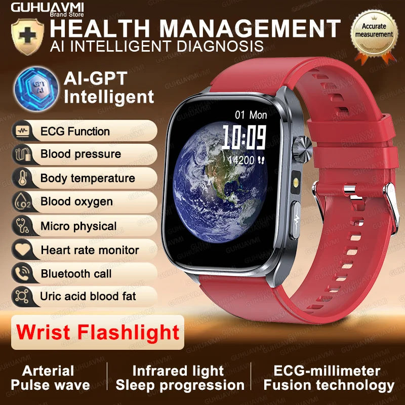New Accurate Blood Pressure Smart Watch Uric Acid ECG+PPG Blood Oxygen Body Analysis Body Fat LED Flashlight smart watches 2025 Red Heart Health Watch CHINA
