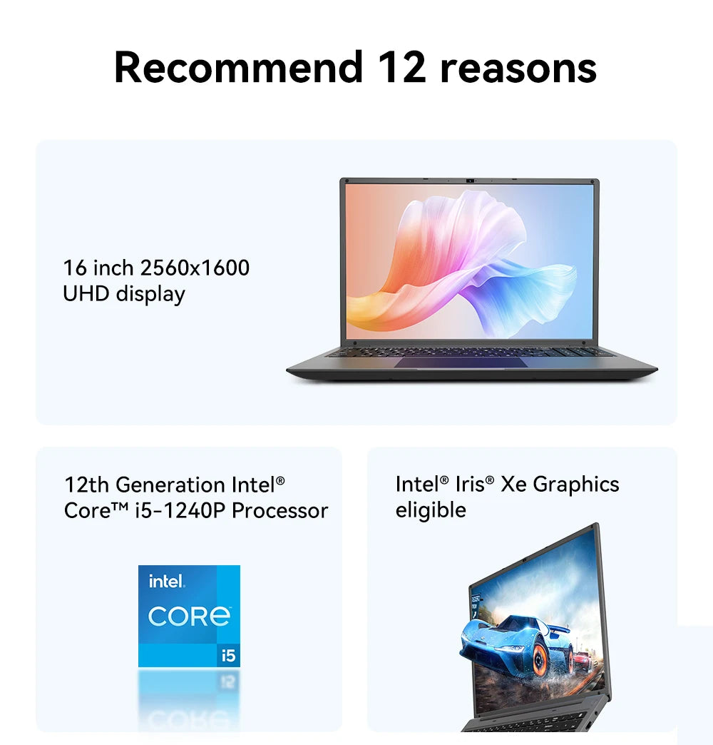 16 Inch Laptop Intel Core I5-1240P CPU 2.5K IPS Display Windows 11 Notebook Portable Business Laptop 16GB RAM 512GB/ 1TB…