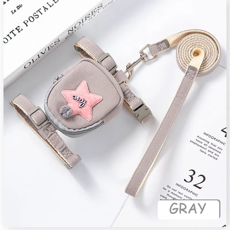 Pet Cute Dog Cat Harness with backpack Medium small Dog Lead Walking Running training Leashes Dogs Chest Strap star pattern Vest Light Grey