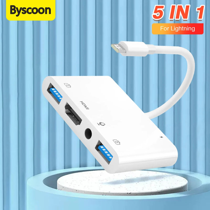 Byscoon Lightning to HDMI Digital Av Adapter Dual USB/OTG Hub for iPhone/iPad to 1080p TV Mic Audio For Live-Stream Converter