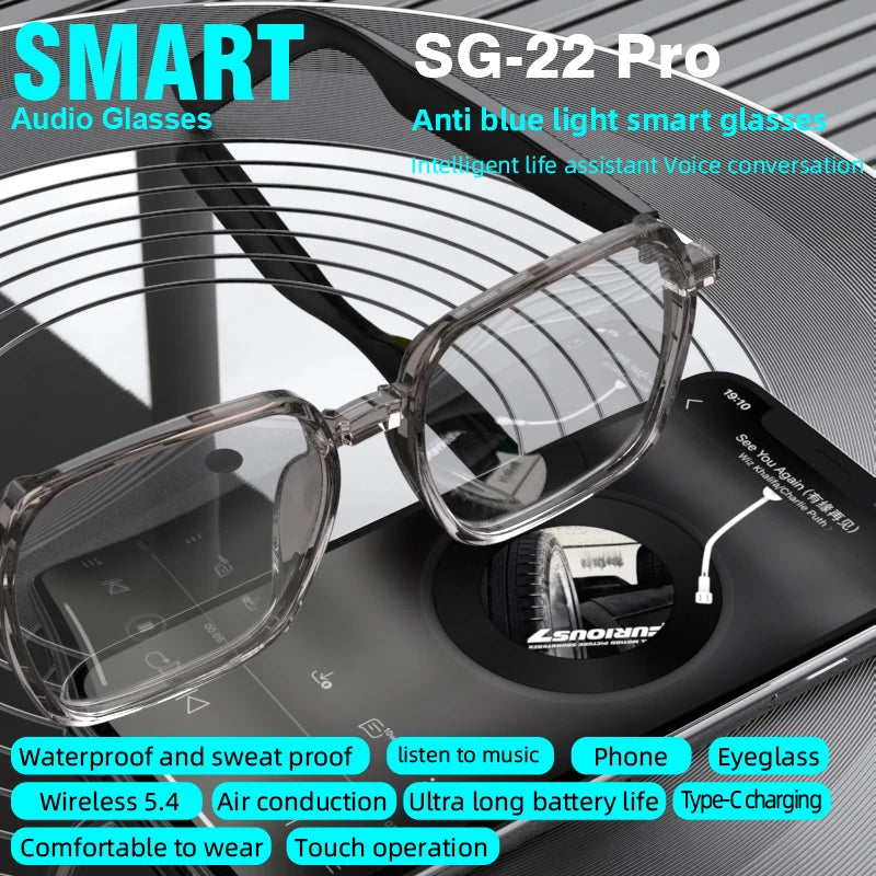 SG22 Transparent Smart Glasses With Bluetooth 5.4 Open-Ear Audio, Voice Assistant, Type-C Charging, Lightweight And Comfortable