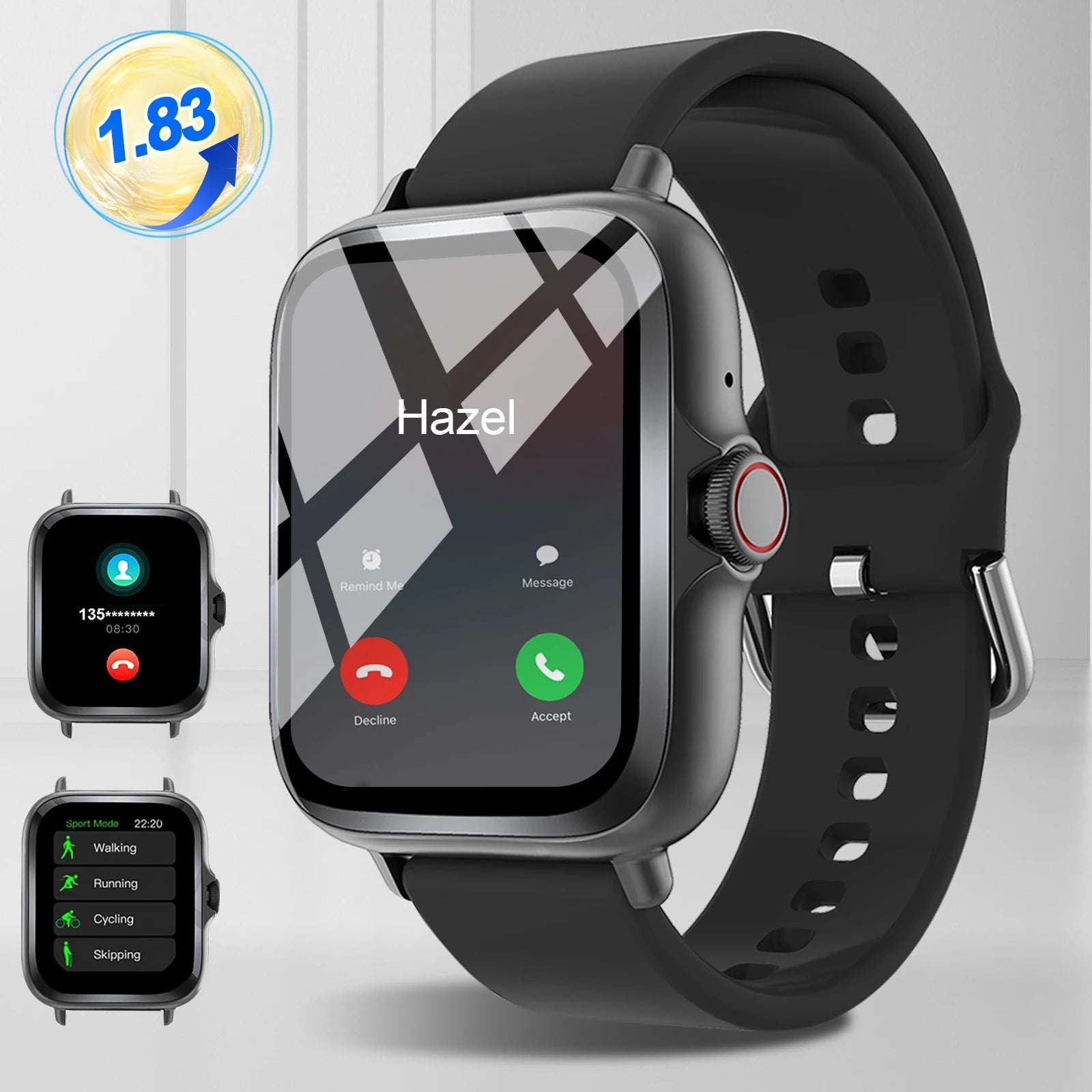 Smart watch with full touch screen, call, message reminder, music control and other functions, compatible with iPhone/android mo full black