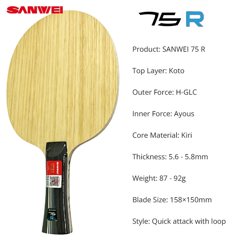 SANWEI 75R 75G Table Tennis Blade Professional 5+2 Carbon Ping Pong Blade Base Board with Original Gift Box - 75R FL Grip