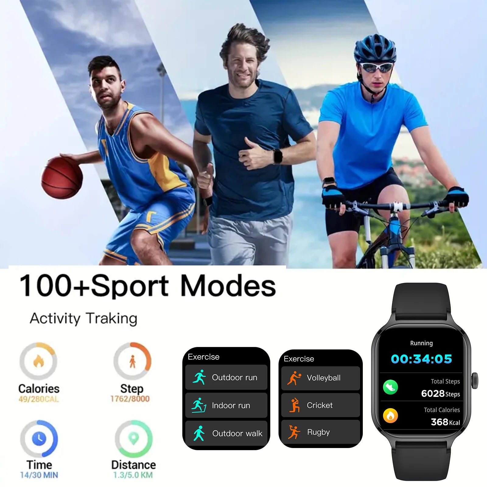 Smart watch, wireless calling, customizable dial, remote photography, multiple sports modes, suitable for iPhone/Android