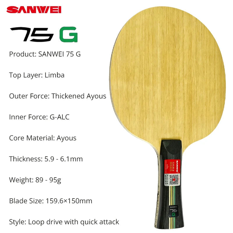 SANWEI 75R 75G Table Tennis Blade Professional 5+2 Carbon Ping Pong Blade Base Board with Original Gift Box - 75R FL Grip