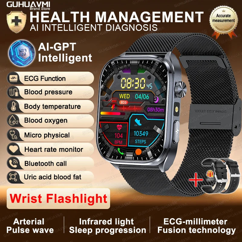 New Accurate Blood Pressure Smart Watch Uric Acid ECG+PPG Blood Oxygen Body Analysis Body Fat LED Flashlight smart watches 2025 Black Mesh Belt 2A Heart Health Watch CHINA