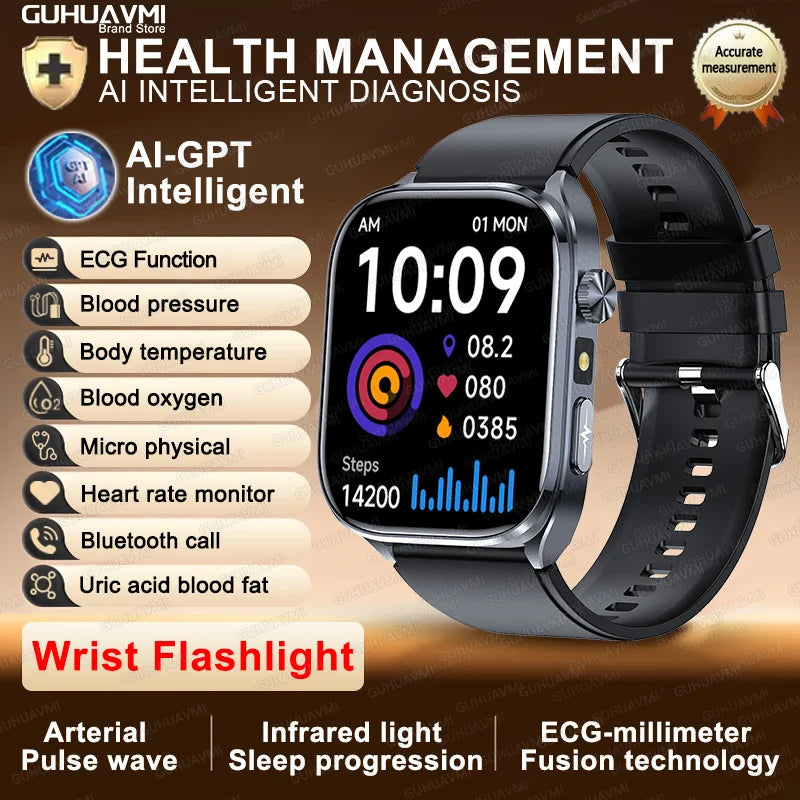 New Accurate Blood Pressure Smart Watch Uric Acid ECG+PPG Blood Oxygen Body Analysis Body Fat LED Flashlight smart watches 2025 Black Heart Health Watch CHINA