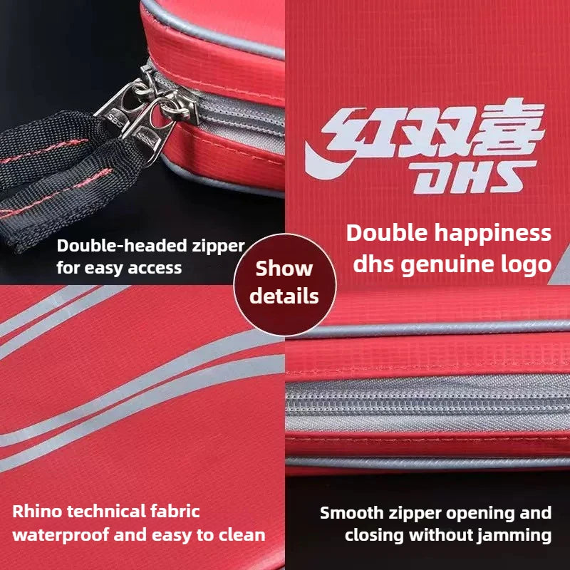 DHS Table Tennis Racket Case Big Capacity Ping Pong Bat Protection Bag Waterproof and Easy to Clean - Red
