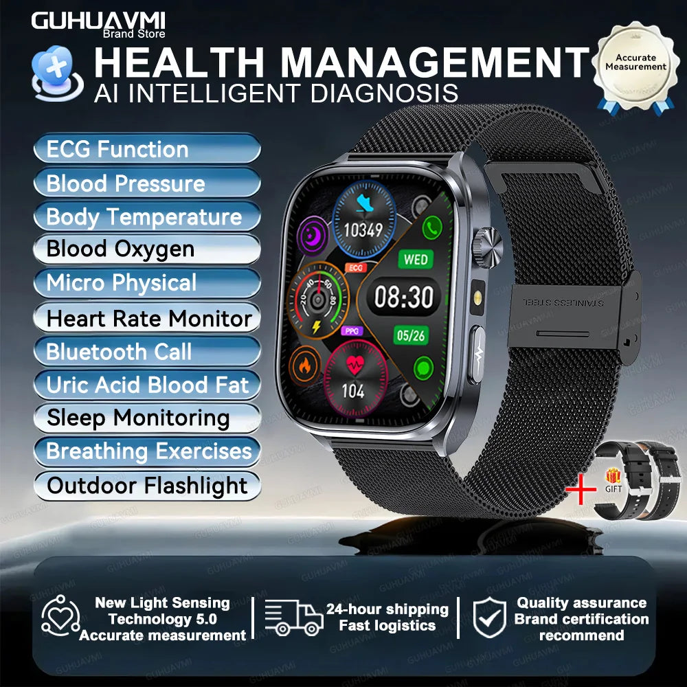 Body Composition analysis Monitoring Smart Watch Men ECG Heart Rate Blood pressure Uric Acid Health Tracker Smartwatches 2025New Black Mesh Belt 2 Sports Health Watch