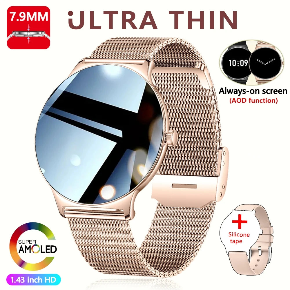 For Huawei New Ultra Slim AMOLED Smart Watch Women Screen Always Display Time Heart Rate BT Calling High-end Fashion Smartwatch rose gold net