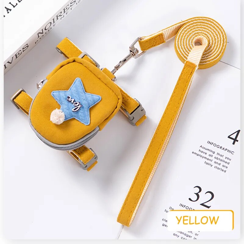 Pet Cute Dog Cat Harness with backpack Medium small Dog Lead Walking Running training Leashes Dogs Chest Strap star pattern Vest Yellow