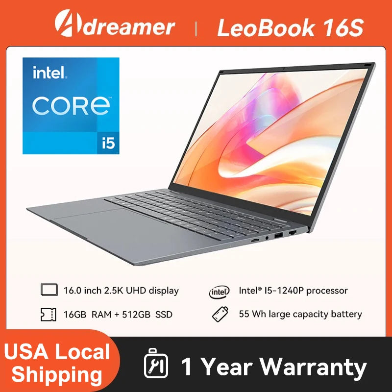 16 Inch Laptop Intel Core I5-1240P CPU 2.5K IPS Display Windows 11 Notebook Portable Business Laptop 16GB RAM 512GB/ 1TB…