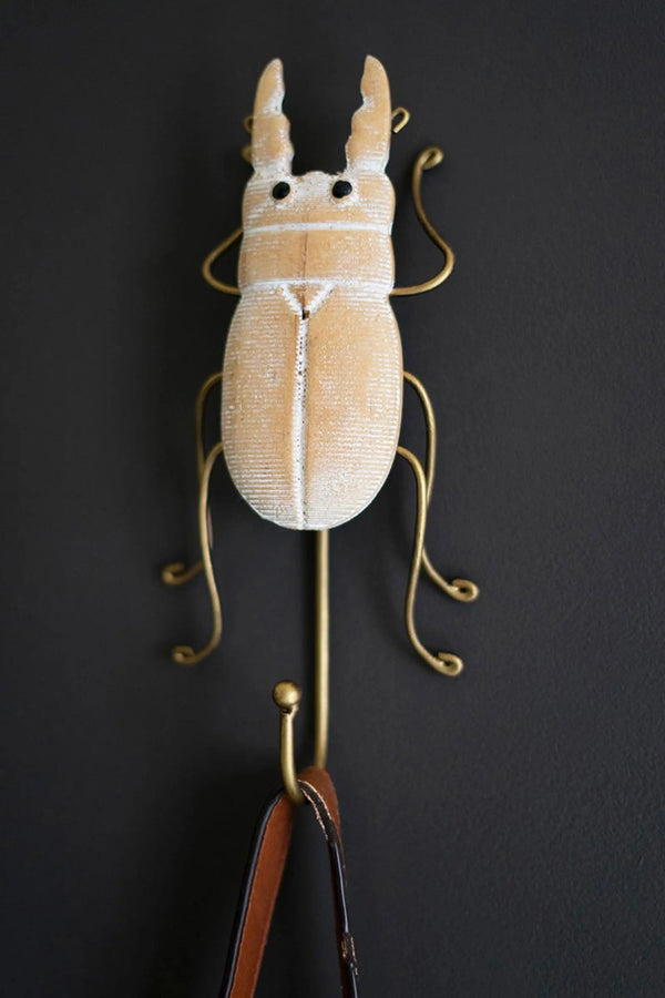 SET OF THREE CARVED WOOD AND WIRE BEETLE WALL HOOKS Kalalou