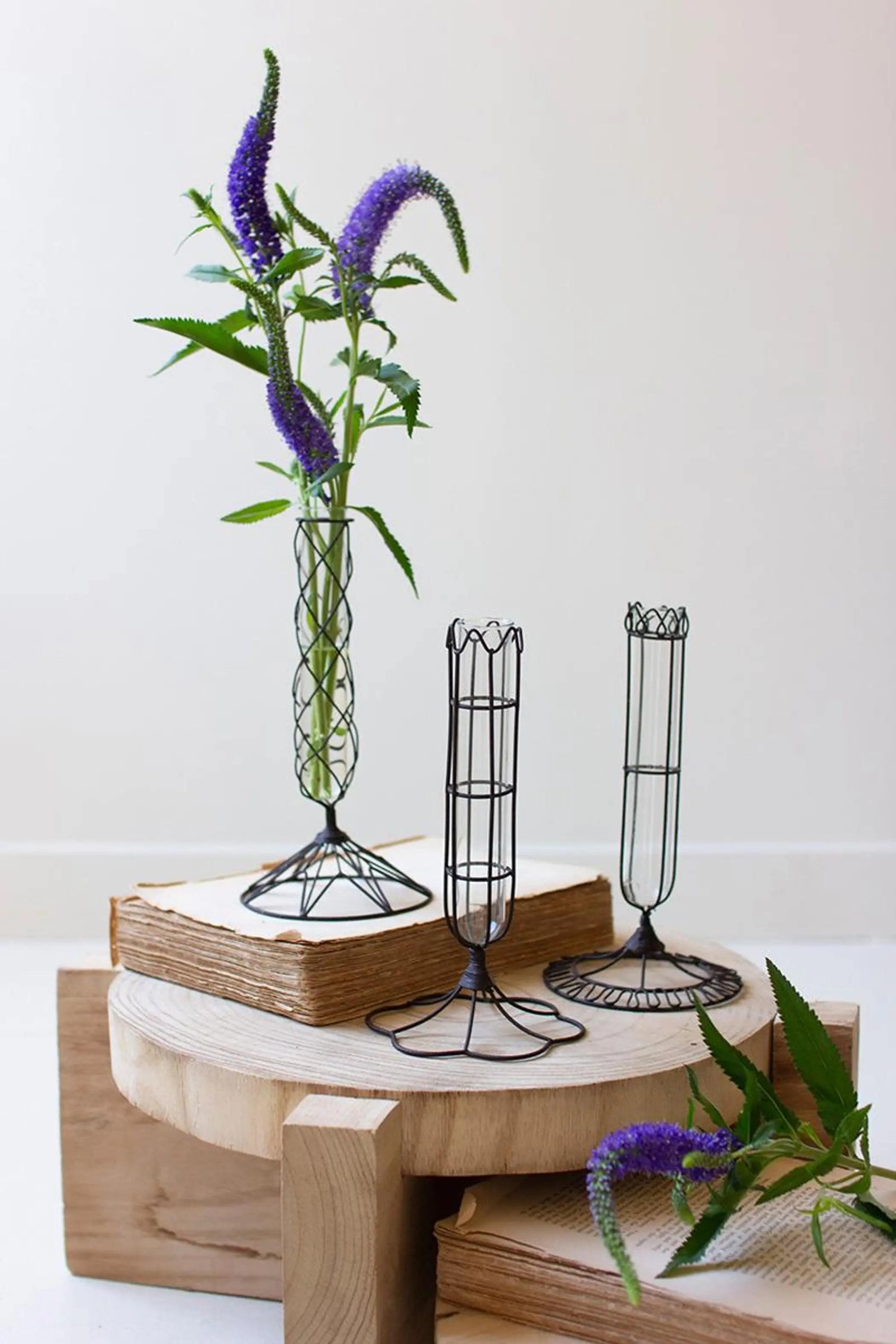 SET OF THREE WIRE WRAPPED GLASS BUD VASES Kalalou