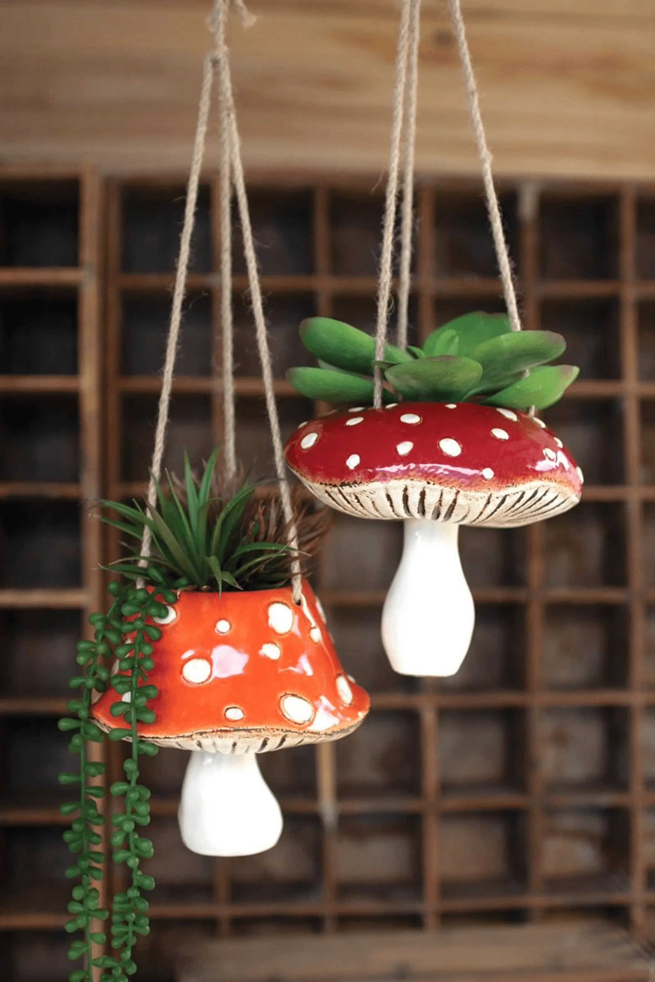 SET OF TWO CERAMIC  TOADSTOOL HANGING PLANTERS Kalalou