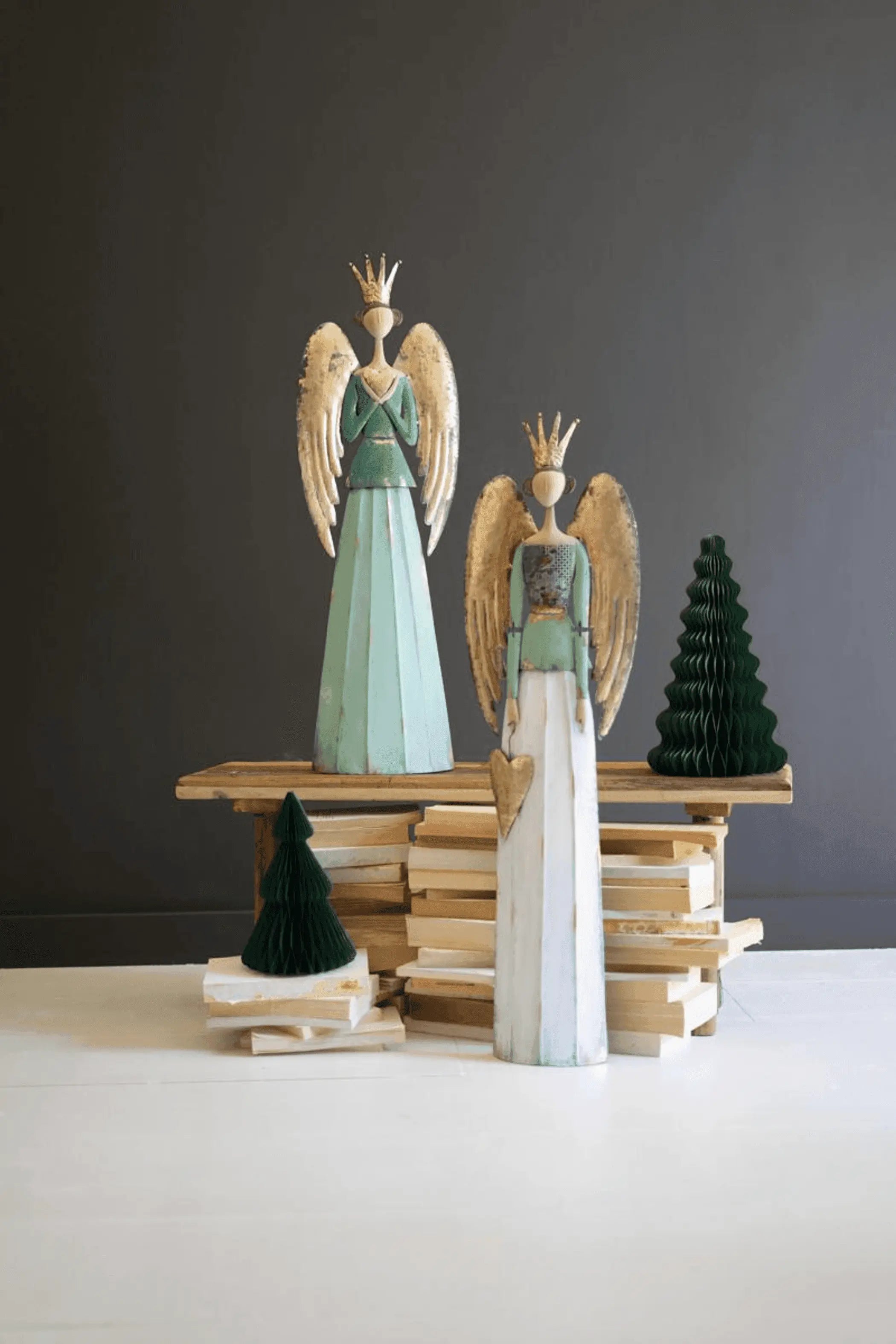 SET OF TWO PAINTED METAL CHRISTMAS ANGELS Kalalou