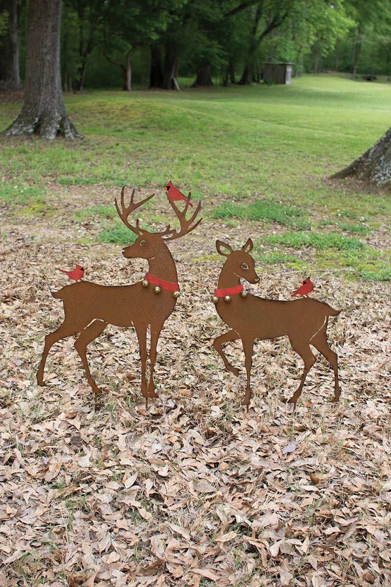 SET OF TWO RUSTIC REINDEER YARD ART WITH RED BIRDS Kalalou