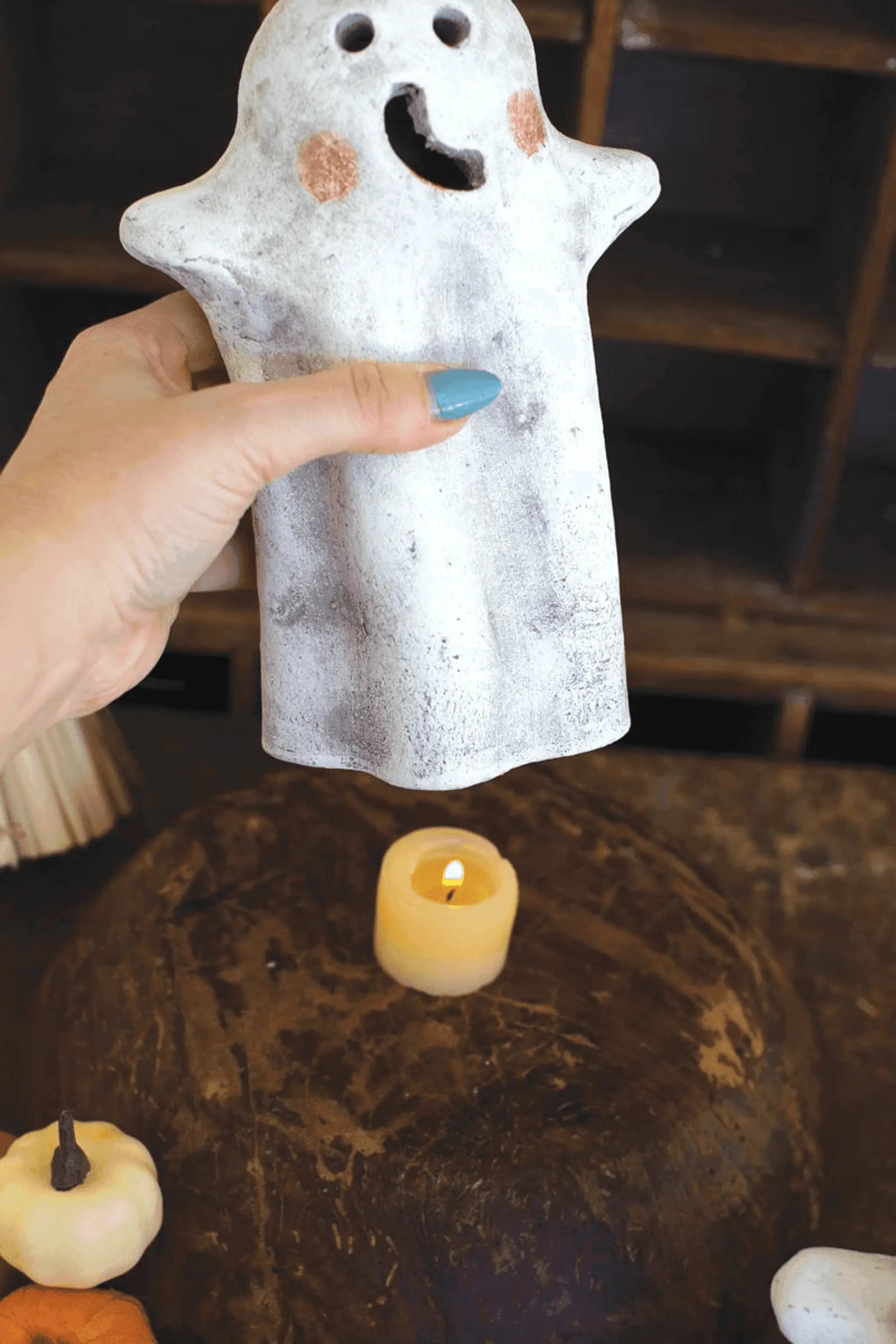 SET OF TWO TABLETOP CLAY GHOST LANTERNS Kalalou