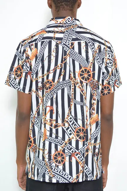 Men's button-up shirt in black and white with gold chain print, short sleeves, and a stylish, relaxed fit.