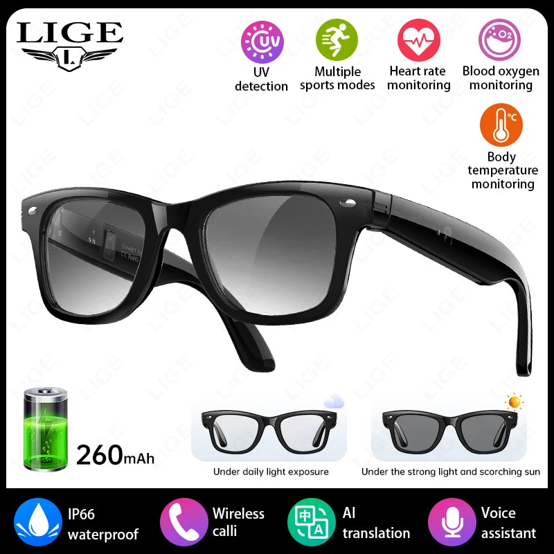 LIGE AI Smart Glasses Men 2025 New Color-Changing Translation Glasses Temperature Monitoring Waterproof Call Smart Sunglasses Change color lens