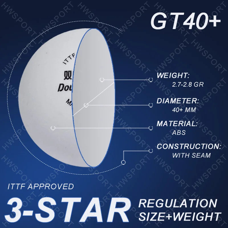 DOUBLE FISH Table Tennis Balls GT40+ ABS 3 Star Ping Pong Balls ITTF Approved Pingpong with Seam - 6 Pack