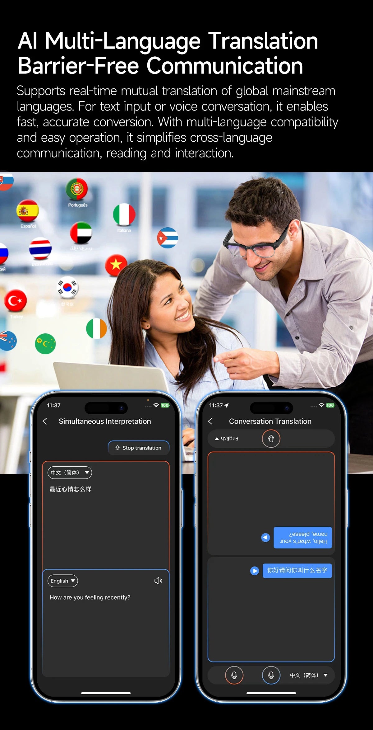 AI Smart Glasses with 800W Pixel Camera Photo Video Recording 120+Language Translation Sunglasses Men Women 2026 New Year's Gift