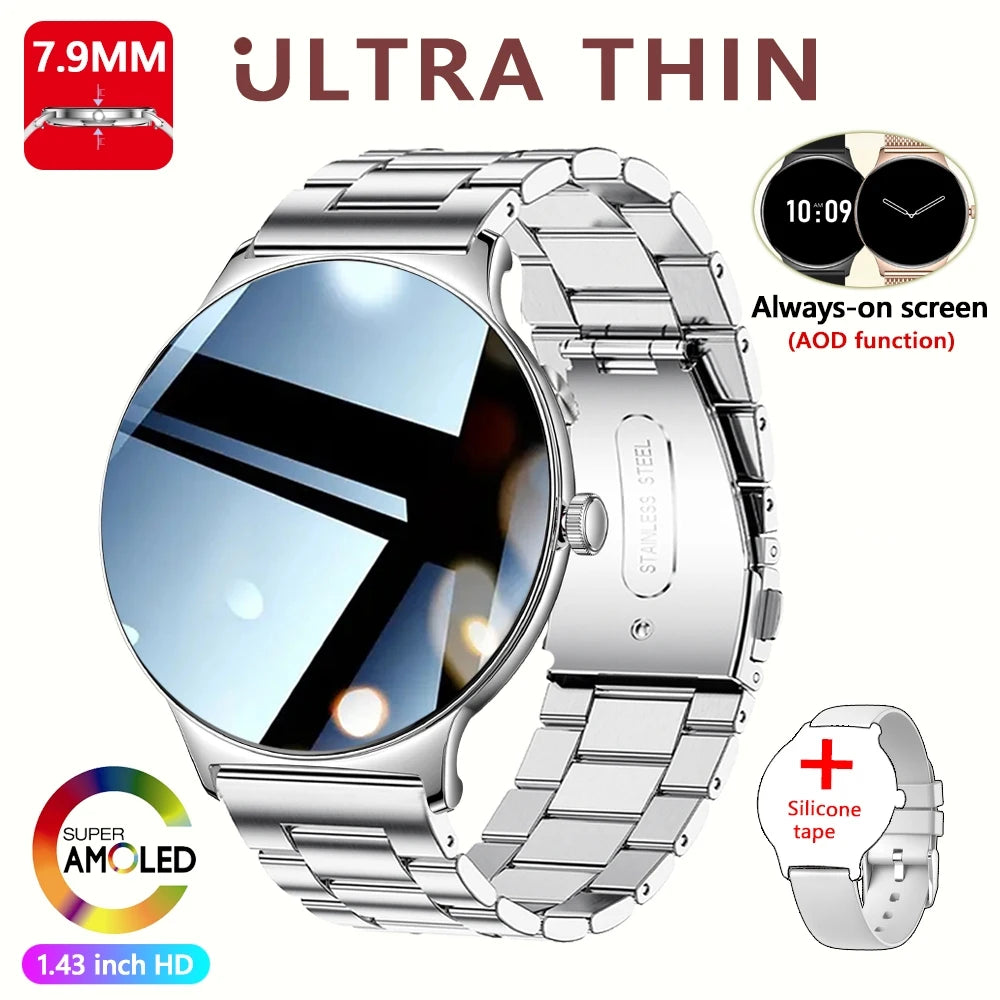 For Huawei New Ultra Slim AMOLED Smart Watch Women Screen Always Display Time Heart Rate BT Calling High-end Fashion Smartwatch Silver steel