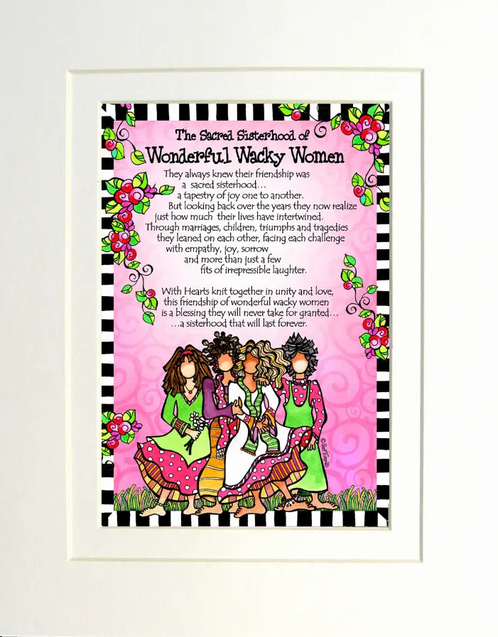 Framed print featuring colorful illustrations of women with flowers on a pink background, celebrating friendship and sisterhood.