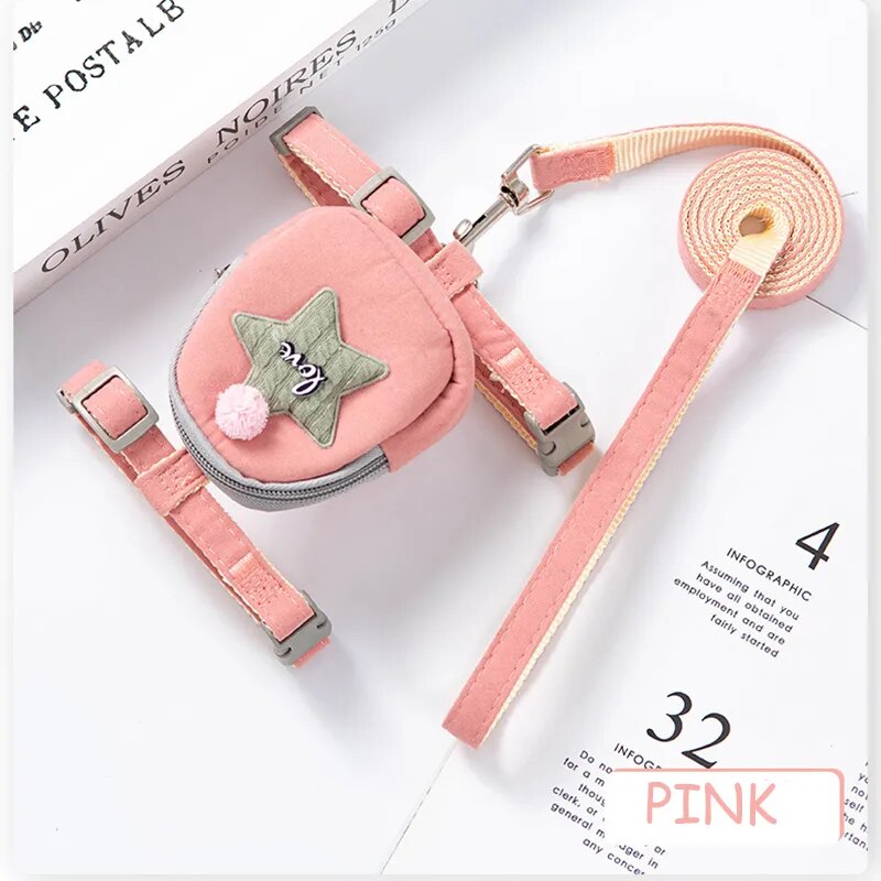 Pet Cute Dog Cat Harness with backpack Medium small Dog Lead Walking Running training Leashes Dogs Chest Strap star pattern Vest Pink